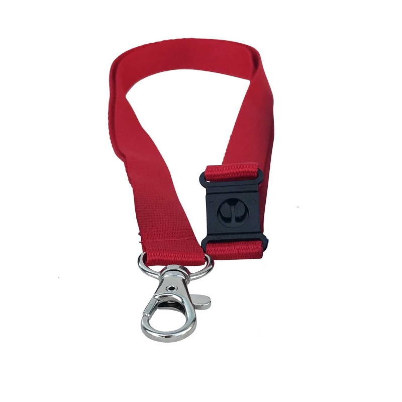 Cordon tramé Premium Rouge 15mm, mousqueton et clip sécuritaire