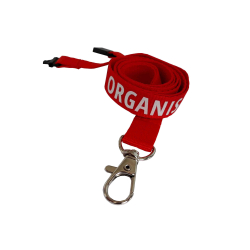 CUP_ORG_RED - Cordon sécuritaire rouge imprimé ORGANISATION, mousqueton fermoir