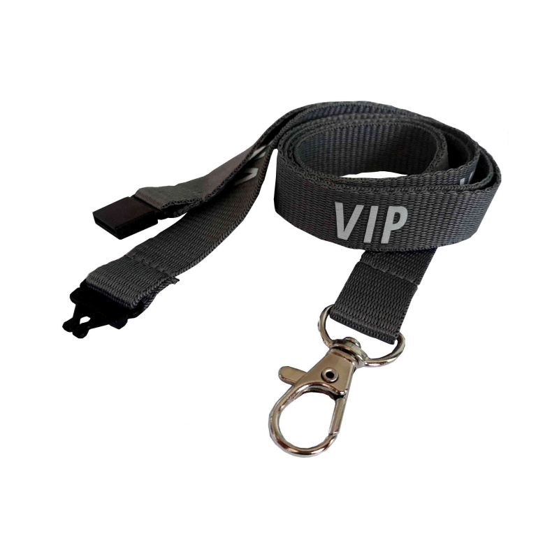 CUP_VIP_GRE - Cordon sécuritaire gris imprimé VIP, mousqueton fermoir CUP_VIP_GRE - Cordon sécuritaire gris imprimé VIP, mousqueton fermoir
