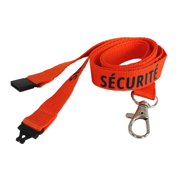 Cordon Sécuritaire Orange imprimé SECURITE -  Mousqueton fermoir