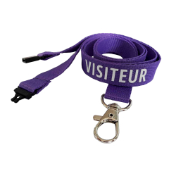 Cordon Sécuritaire Violet imprimé VISITEUR, Mousqueton fermoir