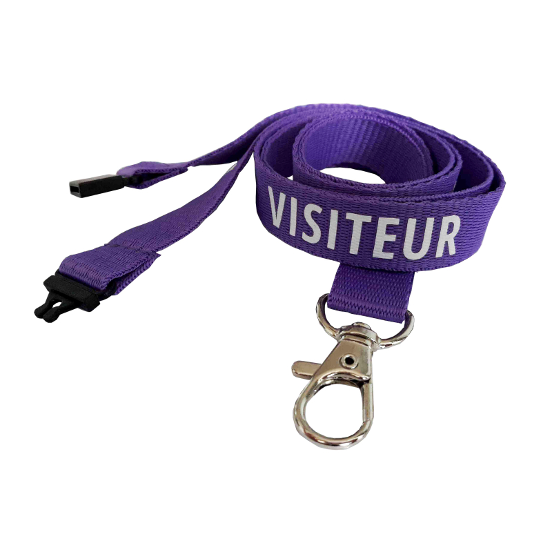 Cordon Sécuritaire Violet imprimé VISITEUR, Mousqueton fermoir Cordon Sécuritaire Violet imprimé VISITEUR, Mousqueton fermoir
