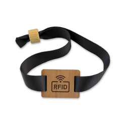 Bracelet tissu satin 15 mm avec plaque RFID en bois - Noir