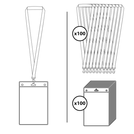 Porte badge tour de cou PVC format A6 - cordon noir attache fermoir - lot de 100 (contenu)