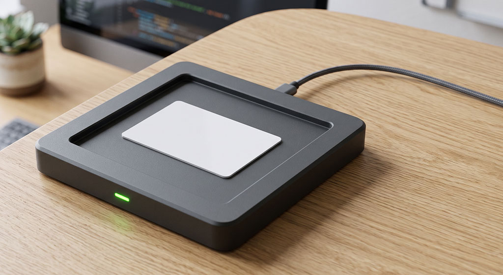 Lecteur RFID de bureau Lecteur RFID de bureau lisant un badge sans contact sur un poste de travail